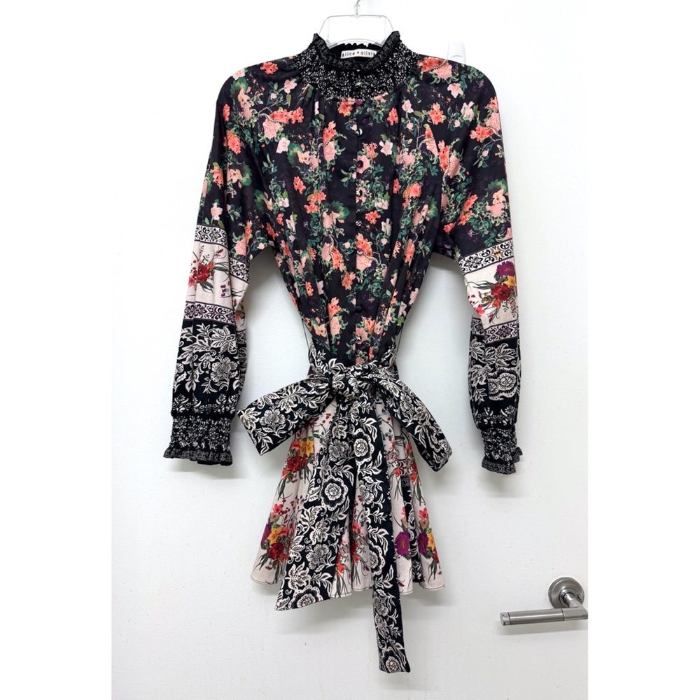 Alice + Olivia Janis Mini Dress Mock Neck Dream Castle Floral Black White 0 - Picture 2 of 16